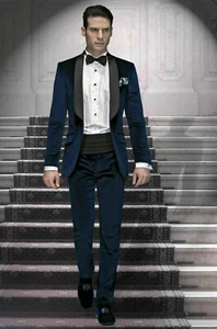 Men Navy Blue Suits Designer Grooms Wedding Dinner Party Wear Suits (Coat+Pants) - Picture 1 of 2