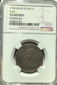 1794 1c Liberty Cap Large Cent, Head of 1794, S-65, NGC VG Details - damaged - Picture 1 of 4