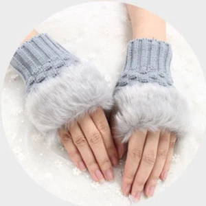 Womens Plush Fur Hand Wrist Winter Warm Knitted Ladies Fingerless Mittens Gloves - Picture 1 of 16
