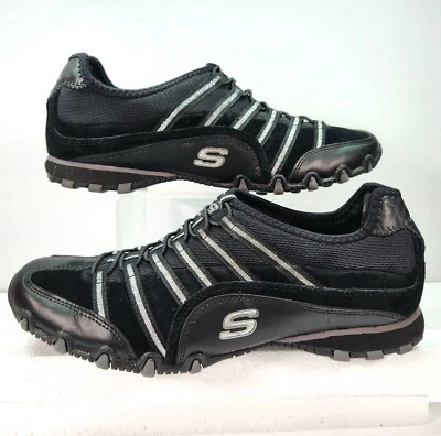 SKECHERS Sz 8.5 Black Silver Leather Bungee Slip On Sneakers Shoes Biker 21477 - Image 1 of 4