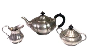 Antique Sheffield Pumpkin Melon Shape Pewter Teapot Cream Sugar Set James Dixon - Picture 1 of 15