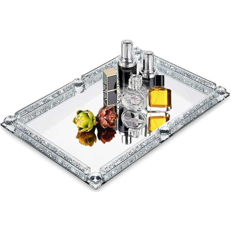 Crystal Glass Tray, Modern Mirror Jewelry Dresser Trinket Trays with Crushed ... - Image 1 of 4