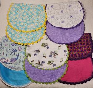 5 Handmade Contoured Double Baby Soft Flannel Burp Pads With Ricrac 16" - Picture 1 of 5