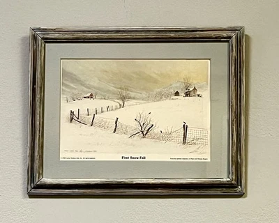 Impresión First Snowfall Country Farm 1982 vintage firmada L Dodson enmarcada gris/blanco Foto 1 de 4