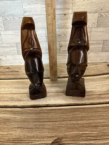 Pair Of Wooden Bookends Figurines Tribal Made In Haiti Male/Female - Picture 1 of 7