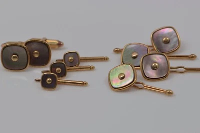 10K Yellow Gold Stud and Cufflink Set with Purple Mussel Shell Stone, Circa 1940 - Image 1 of 4