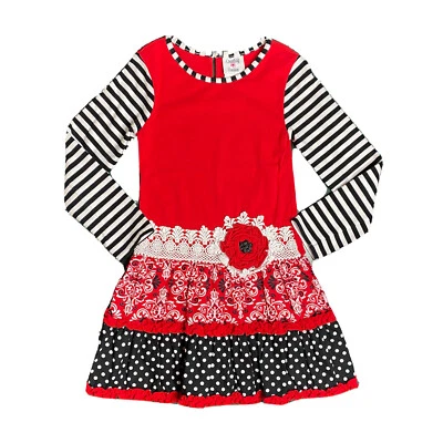 Counting Daisies Red/Black Bandana Drop Waist Long Sleeve Striped Dress; Size 8 - Image 1 of 4
