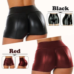 Women Wet Look Hot Pants Clubwear PU Leather High Waist Stretch Fit Mini Shorts - Picture 1 of 14