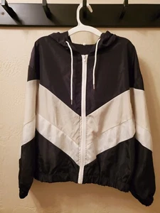 y2k black windbreaker jacket, size M, oversized colorblock hooded zip up - Picture 1 of 3