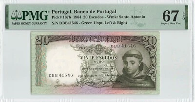 PORTUGAL 20 Escudos 1964, P-167b, PMG 67 EPQ Superb Gem UNC, Beautiful Banknote - Image 1 of 2