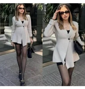 ZARA NEW WOMAN SS24 BEIGE WOOL PEPLUM KNIT BLAZER REF:5755/113 - Picture 1 of 7