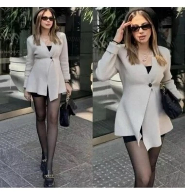 ZARA NEW WOMAN SS24 BEIGE WOOL PEPLUM KNIT BLAZER REF:5755/113 - Image 1 of 4