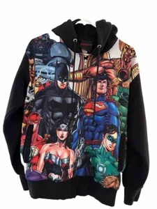 JUSTICE LEAGUE BLACK ZIP UP HOODIE SWEATSHIRT MEDIUM DC COMICS BATMAN, SUPERMAN, - Picture 1 of 12