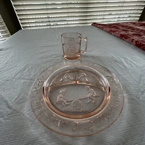 Vintage Tiara Indiana Glass Peach Pink Child's Nursery Rhyme Plate & Mug Set EUC - Picture 1 of 6