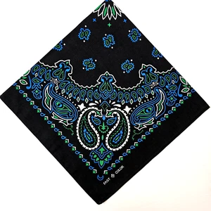 Bandana Cotton Blend Color Fast Black Blue White w/ Yellow or  Green 22" Square - Picture 1 of 5