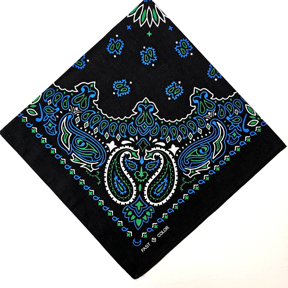Bandana Mezcla Algodón Color Rápido Negro Azul Blanco con Amarillo o Verde 22" Cuadrado Foto 1 de 1
