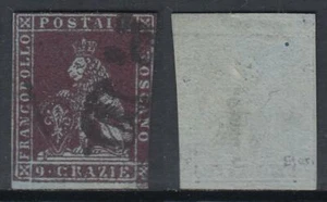 ITALY - TOSCANA 1851 - n. 8a - 9 crazie viola bruno scurissimo su azz. cat 1950$ - Picture 1 of 1