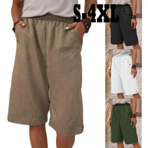 Womens Cotton Linen Casual Shorts Ladies Pocket Summer Baggy Straight-leg Pants - Picture 1 of 14