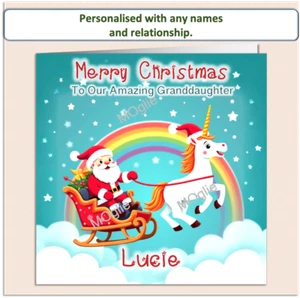 Unicorn Christmas Card Personalised Girls Daughter Granddaughter Niece - UNI-4 - Picture 1 of 6