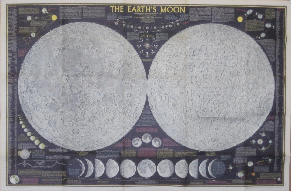 1969 Lunar Landing Map EARTH'S MOON Apollo Mission NASA Index Craters Mountains - Image 1 of 4