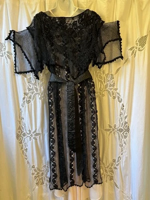 Vintage Lim’s Stevie Nicks Dress Black Venetian Guipure Lace Boho Hippie Goth Foto 1 de 4