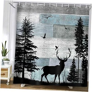 Rustic Forest Deer Shower Curtain Cabin Farmhouse Country Lodge Bathroom - Picture 1 of 7