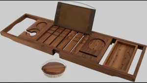 VaeFae Teak Bathtub Tray, Expandable Wooden Bath Tray for Tub with Wine and B... - Picture 1 of 3