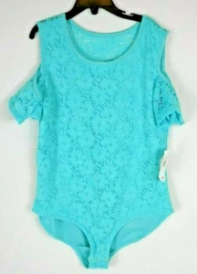 Self Esteem Bodysuit Girl's/ Kid's XL Aqua Lace Overlay Cold Shoulder Shirt NWT - Picture 1 of 12