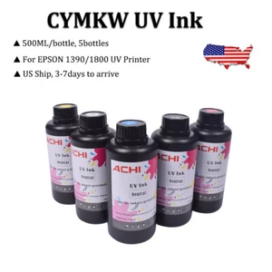 ACHI 5 X 500ML UV TINTE für 1390/1800 UV Drucker 5 Farben CMYKW neutrale Tinte US-Versand - Bild 1 von 7