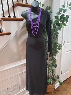 Venus Women's Black Solid Polyester One Shoulder Off Long Sleeve Long Maxi Dress - Image 1 of 4