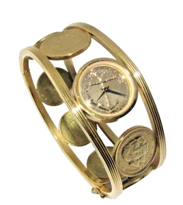 Vintage FRANKLIN MINT Women's Golden Caribbean Coin Watch Bracelet - Picture 1 of 9