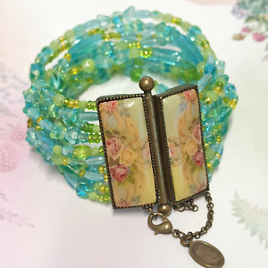 Michal Negrin Wide Bracelet Cabochon Roses Statement Beaded Multi Chain Gift Box