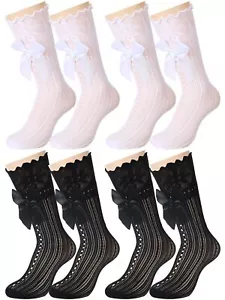 4 Pairs Little Girl Knee High Socks Kids Lace Long Socks Mesh with Bow Ruffle... - Picture 1 of 7