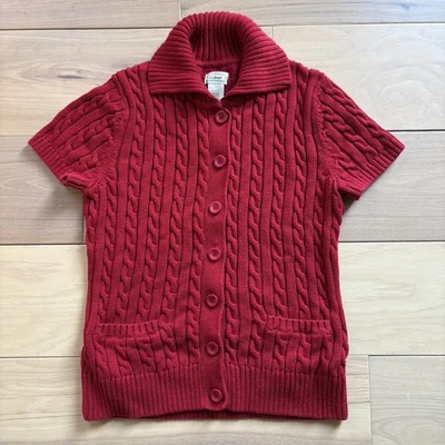 LL Bean Women’s Cotton Cable Knit Short Sleeve Cardigan Sweater Size Medium Red - Image 1 of 4