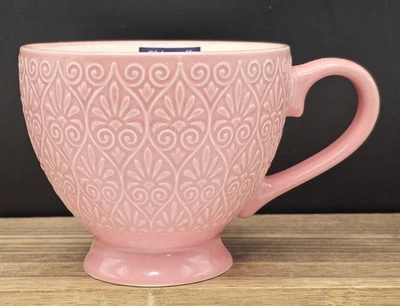 NOVA xícara de chá Pfaltzgraff grande rosa/branco pontilhado interior pedestal grés - Imagem 1 de 4