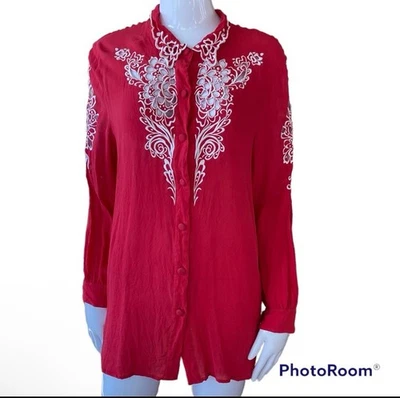 Винтажная блузка Bob Mackie Wearable Art с красной вышивкой 100% шелк вырез размер XL  - Изображение 1 из 4