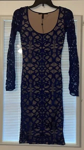 BCBG MAXAZRIA ORIENT BLUE & BEIGE LACE LONG SLEEVE DRESS SZ XXS - Picture 1 of 7