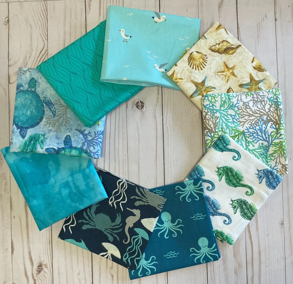 Ткань FQ Fat Quarter СДЕЛАЙТЕ СВОЙ СОБСТВЕННЫЙ НАБОР Пляж Океан Море 100% Хлопок Одеяло НОВОЕ - Изображение 1 из 1