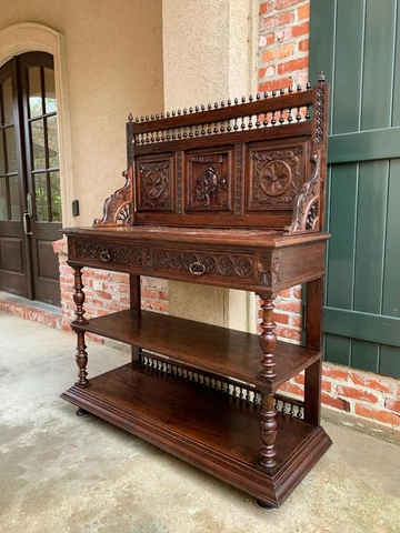 Antique French Carved Oak Server Sideboard Display Shelf Breton Brittany Marble Cover