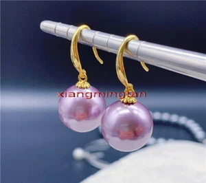 18K GOLD Top ROUND natural pink PURPLE 12-13MM SOUTH SEA Dangle PEARL earring - Picture 1 of 6