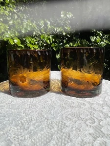 Vintage Paar Bobbie Flay BFZ1 Amber Etched Floral Old Fashioned Lowball Gläser - Bild 1 von 3