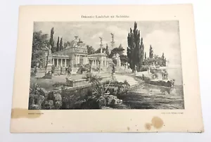 German Print Lithograph Dekorative Landschaft Mit Architektur Vorbilder Hoffmann - Picture 1 of 7