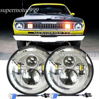 Fit Plymouth Duster 340 1970-1975 Pair 7" inch Round LED Headlights Hi/Lo Chrome - Image 1 of 4
