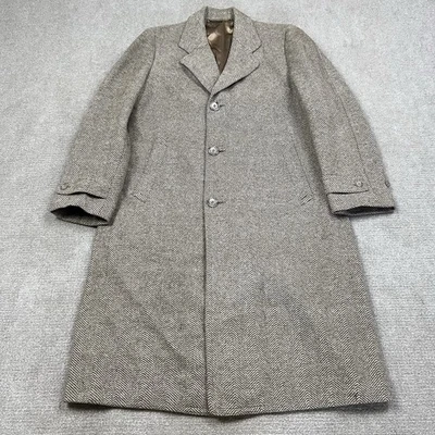 Vintage 40s Knit Tex Heavy Wool Tweed Herringbone Long Trench Overcoat Mens 42 - Image 1 of 4