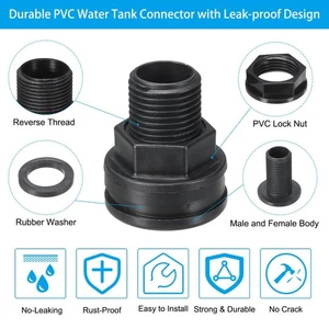 4Pcs PVC Double Threaded Bulkhead Fitting 1/2 x 3/4" Water Tank Connector Black - Picture 1 of 6
