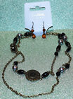 jett bead long Black Gem Circle Medallion Pendant Necklace Orange Earring set
