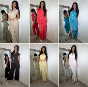 Ladies Golden 3 Button Sleeveless Top and Wide Leg Trouser Co-ord Set - Picture 1 of 9