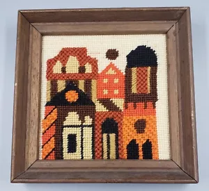*Vtg Retro MCM Cross-stitch Cityscape Small Artwork Needlepoint W/Wooden Frame* - Picture 1 of 5