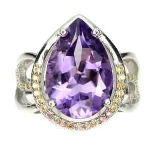 925 Sterling Silver Pear Amethyst 15x10mm Sapphire Diamond Cut Ring 6 - Picture 1 of 10