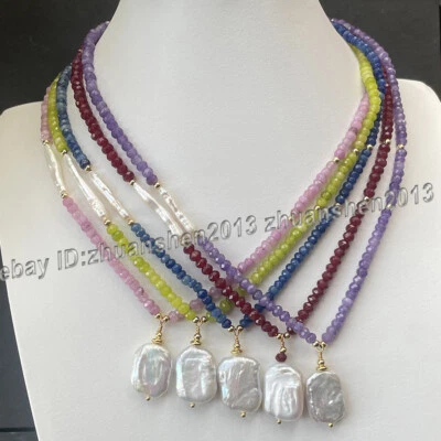 2x4mm Faceted Roundel Gems White Baroque Rectangle Pearl Pendant Necklace 14-24" - Image 1 of 4